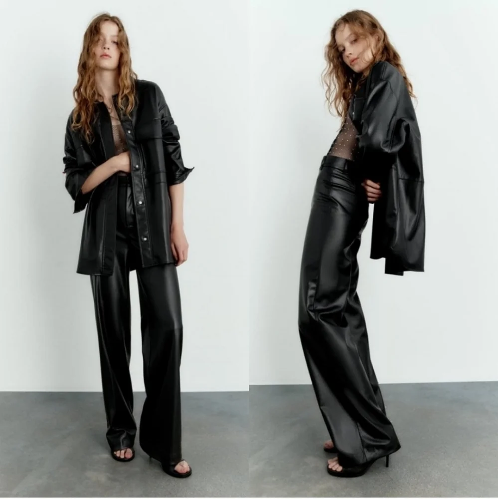 ZARA FAUX LEATHER WIDE PANTS BLACK SIZE M